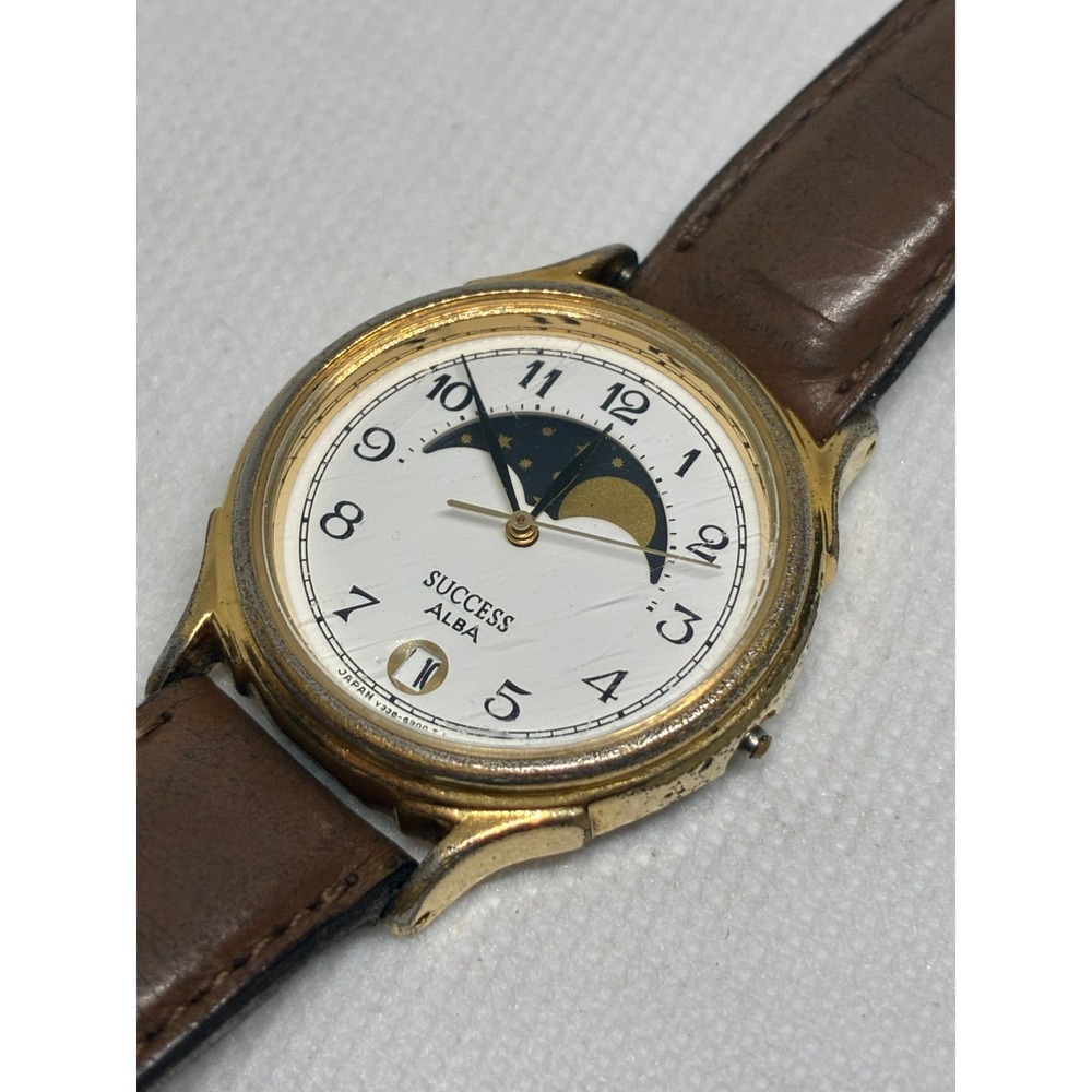 Seiko Alba Success Moonphase V338-6A90 Ladies Watch 29mm Gold Tone-FOR PARTS!